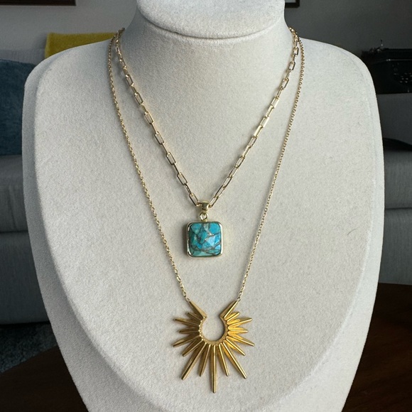 18kt Gold Plated Paper Clip Chain Necklace with Turquoise Pendant - Picture 5 of 5